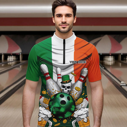 Custom Irish Flag St Patricks Day Bowling Quarter-Zip Team Shirts For Men, Skull Leprechaun Bowling IPHW8588