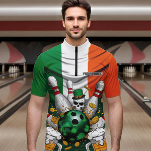 Custom Irish Flag St Patricks Day Bowling Quarter-Zip Team Shirts For Men, Skull Leprechaun Bowling IPHW8588
