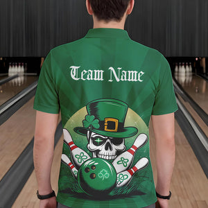 Custom Green Skull St Patricks Day Bowling Polo Shirt For Men, Lucky Bowling Tournament Shirt IPHW8591