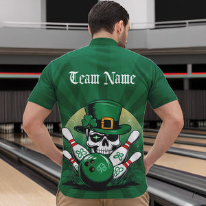 Custom Green Skull St Patricks Day Bowling Quarter-Zip Shirt For Men, Lucky Bowling Tournament Shirt IPHW8591