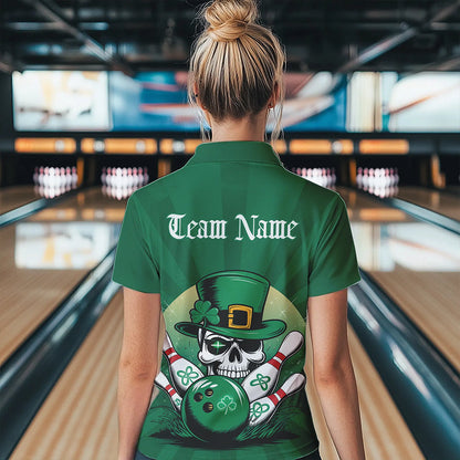 Custom Green Skull St Patricks Bowling Womens Quarter-Zip Shirt, Lucky Bowling Shirt IPHW8591