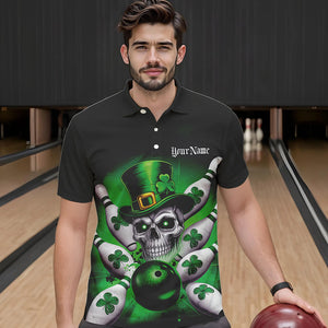 Custom Black And Green Lucky Clover St Patricks Day Skull Bowling Team Polo Shirts For Men IPHW8593