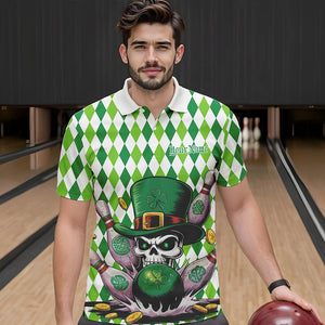 Custom White And Green St Patricks Argyle Skull Bowling Polo Shirts For Men, Bowling Jerseys IPHW8596