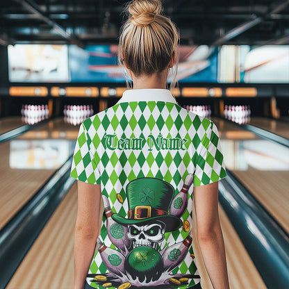 Custom White And Green St Patricks Argyle Skull Bowling Polo Shirts For Women Jerseys IPHW8596