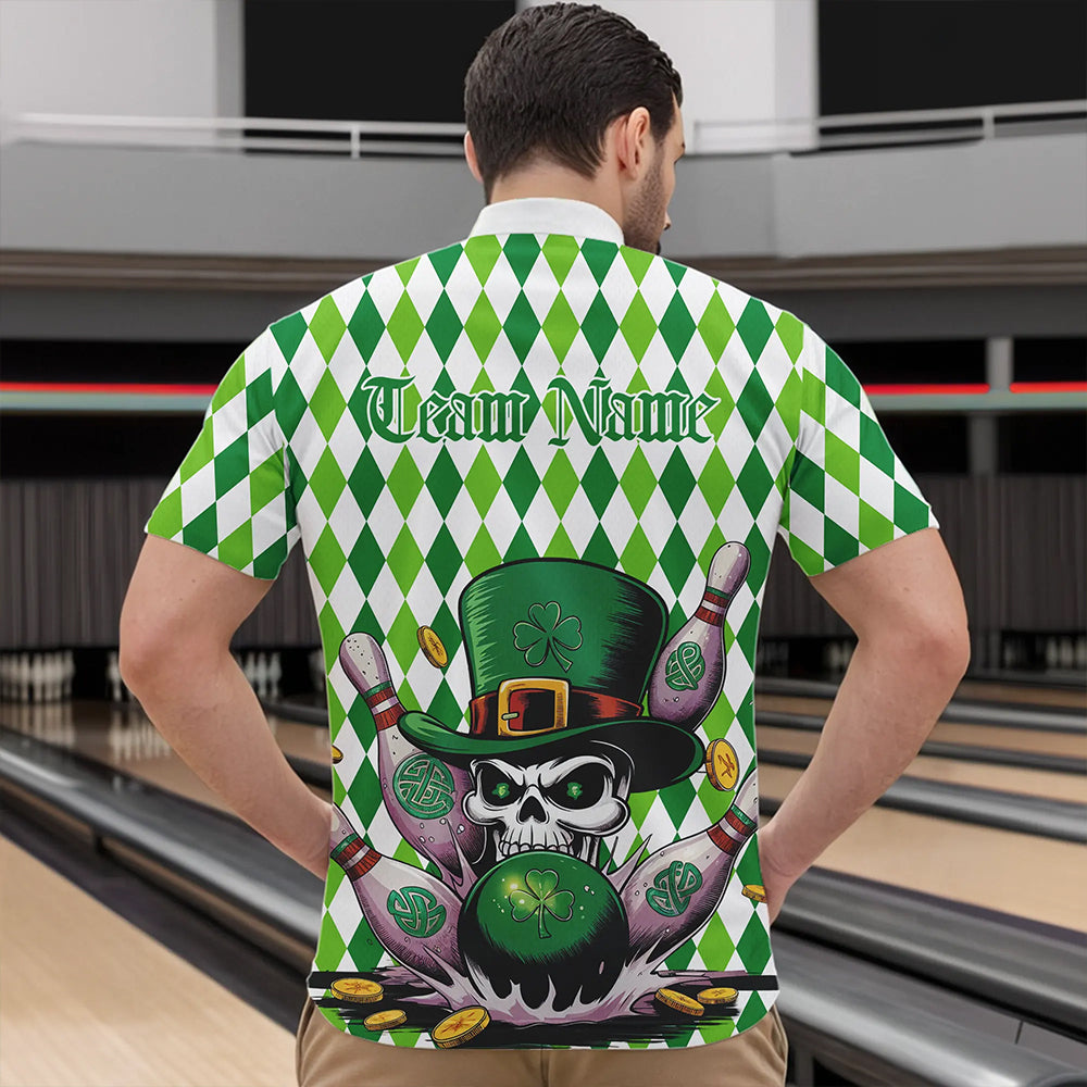 Custom White And Green St Patricks Argyle Skull Bowling Quarter-Zip Shirts For Men, Bowling Jerseys IPHW8596