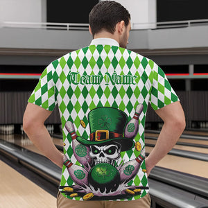 Custom White And Green St Patricks Argyle Skull Bowling Quarter-Zip Shirts For Men, Bowling Jerseys IPHW8596
