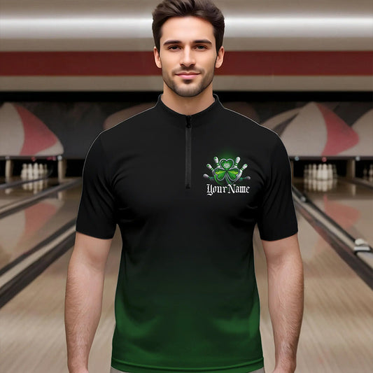 Custom Black And Green Lucky Clover St Patricks Day Skull Bowling Team Quarter-Zip Shirts For Men IPHW8599