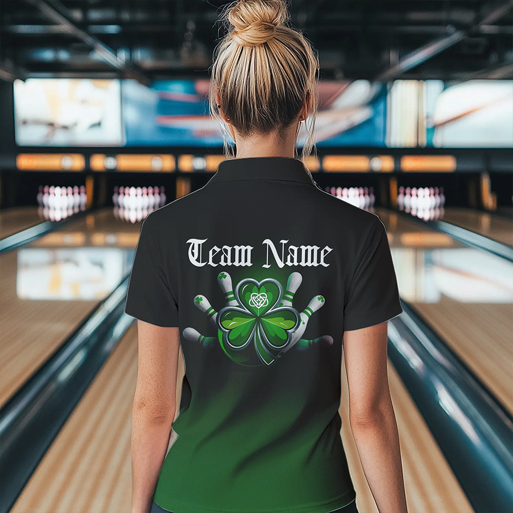 Custom Black And Green Lucky Clover St Patricks Skull Bowling Team Womens Quarter-Zip Shirt IPHW8599