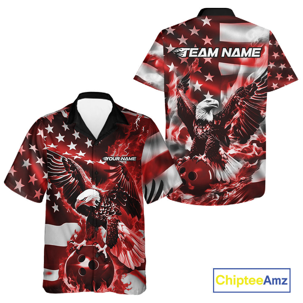 Custom Red Flaming American Flag Eagle Bowling Team Men And Women Shirt, Patriotic Bowlers Outfit IPHW10779