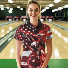 Load image into Gallery viewer, Custom Red Flaming American Flag Eagle Bowling Team Women Shirt, Patriotic Bowlers Outfit IPHW10779