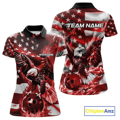 Custom Red Flaming American Flag Eagle Bowling Team Women Shirt, Patriotic Bowlers Outfit IPHW10779