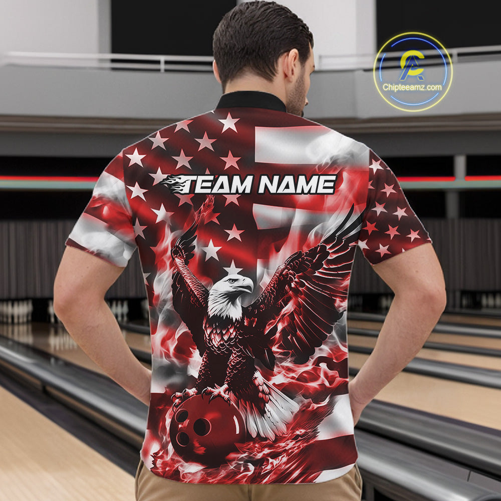 Custom Red Flaming American Flag Eagle Bowling Team Men Shirt, Patriotic Bowlers Outfit IPHW10779