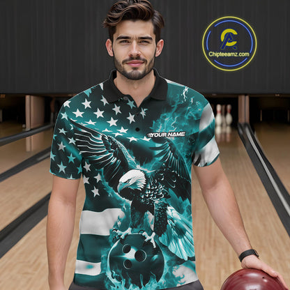 Custom Blue Flaming American Flag Eagle Bowling Team Men Shirt, Patriotic Bowlers Outfit IPHW10780