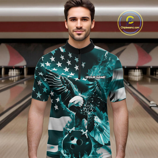 Custom Blue Flaming American Flag Eagle Bowling Team Men Shirt, Patriotic Bowlers Outfit IPHW10780