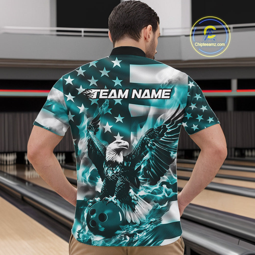 Custom Blue Flaming American Flag Eagle Bowling Team Men Shirt, Patriotic Bowlers Outfit IPHW10780