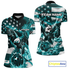 Load image into Gallery viewer, Custom Blue Flaming American Flag Eagle Bowling Women Shirt, Patriotic Bowlers Outfit IPHW10780