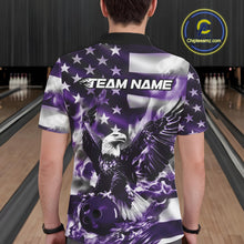 Load image into Gallery viewer, Custom Purple Flaming American Flag Eagle Bowling Team Men Shirt, Patriotic Bowlers Outfit IPHW10781