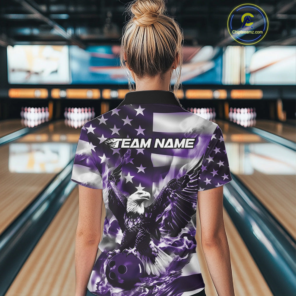 Custom Purple Flaming American Flag Eagle Bowling Team Women Shirt, Patriotic Bowlers Outfit IPHW10781