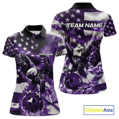 Custom Purple Flaming American Flag Eagle Bowling Team Women Shirt, Patriotic Bowlers Outfit IPHW10781