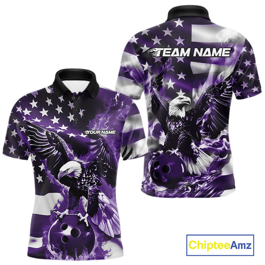 Custom Purple Flaming American Flag Eagle Bowling Team Men Shirt, Patriotic Bowlers Outfit IPHW10781