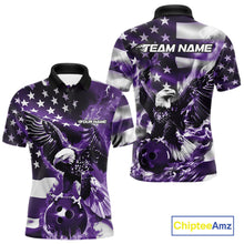 Load image into Gallery viewer, Custom Purple Flaming American Flag Eagle Bowling Team Men Shirt, Patriotic Bowlers Outfit IPHW10781
