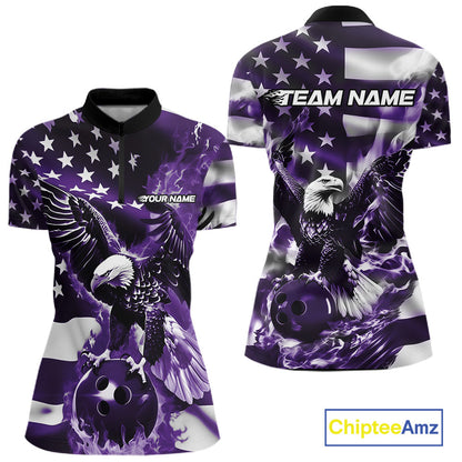 Custom Purple Flaming American Flag Eagle Bowling Women Shirt, Patriotic Bowlers Outfit IPHW10781
