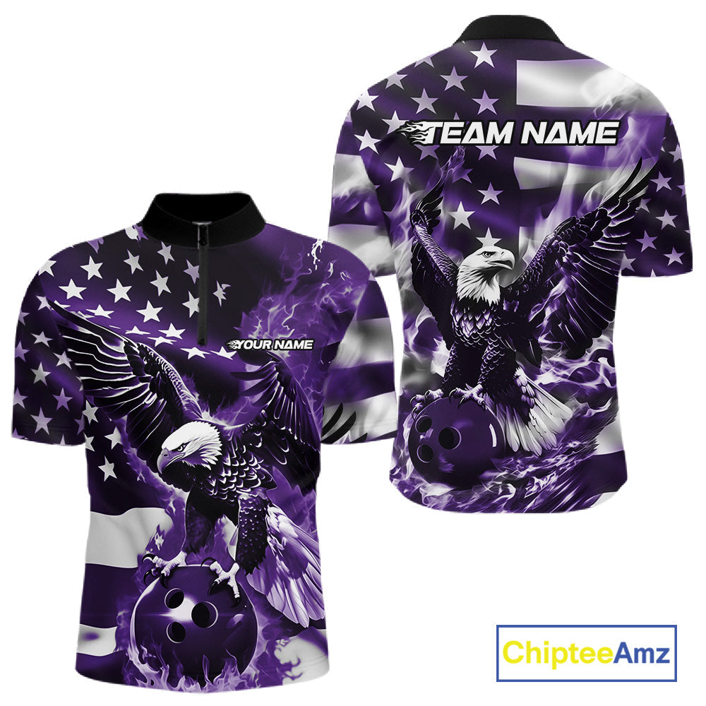 Custom Purple Flaming American Flag Eagle Bowling Team Men Shirt, Patriotic Bowlers Outfit IPHW10781