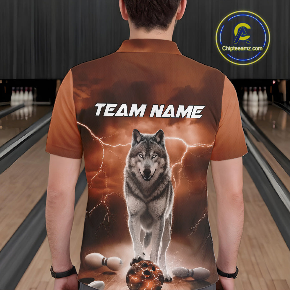 Custom Orange Ligtning Wolf Bowling Team League Shirts For Men, Bowler Outfits IPHW10786