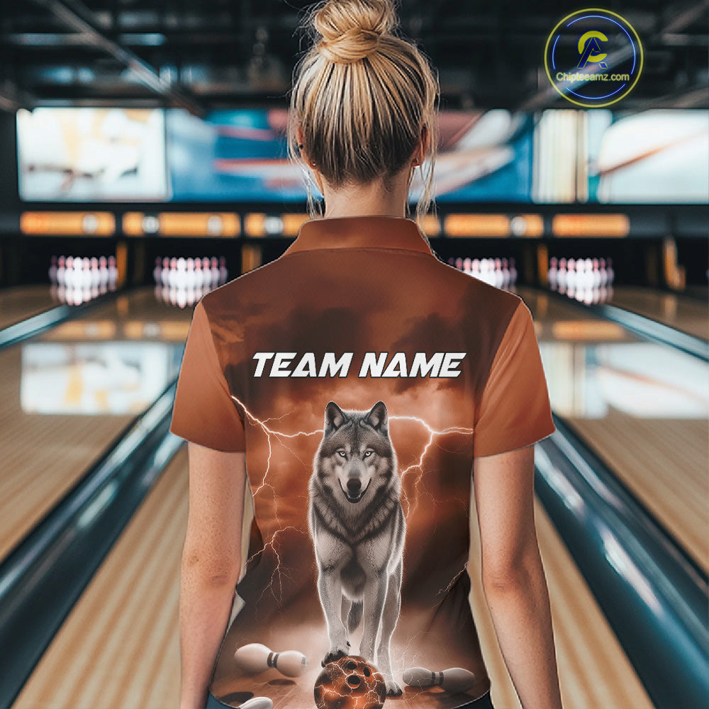 Custom Orange Ligtning Wolf Bowling Team League Shirts For Women, Bowler Outfits IPHW10786