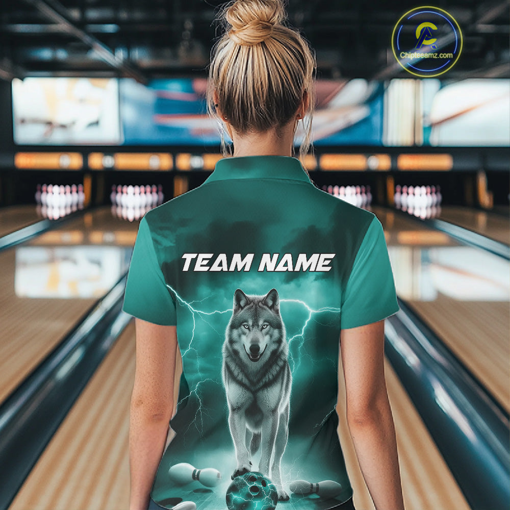 Custom Teal Blue Ligtning Wolf Bowling Team League Shirts For Women, Bowler Outfits IPHW10789