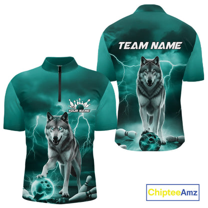 Custom Teal Blue Ligtning Wolf Bowling Team League Shirts For Men, Bowler Outfits IPHW10789