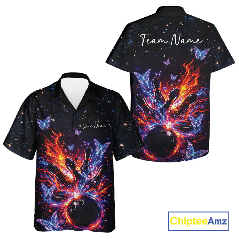 Front and back views of a black button-up bowling shirt with cosmic flaming strike artwork and luminous butterfly details.