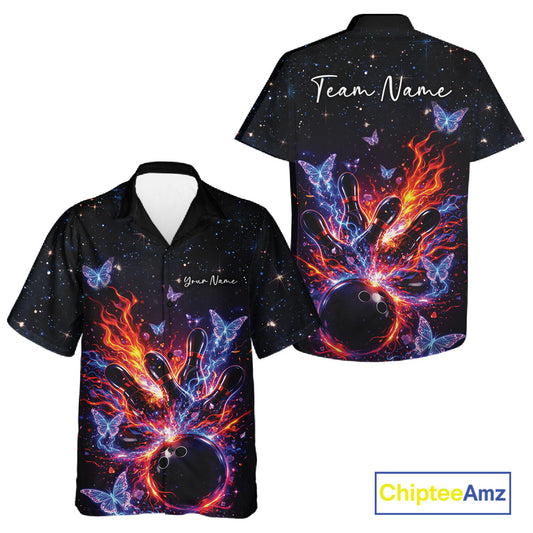Front and back views of a black button-up bowling shirt with cosmic flaming strike artwork and luminous butterfly details.