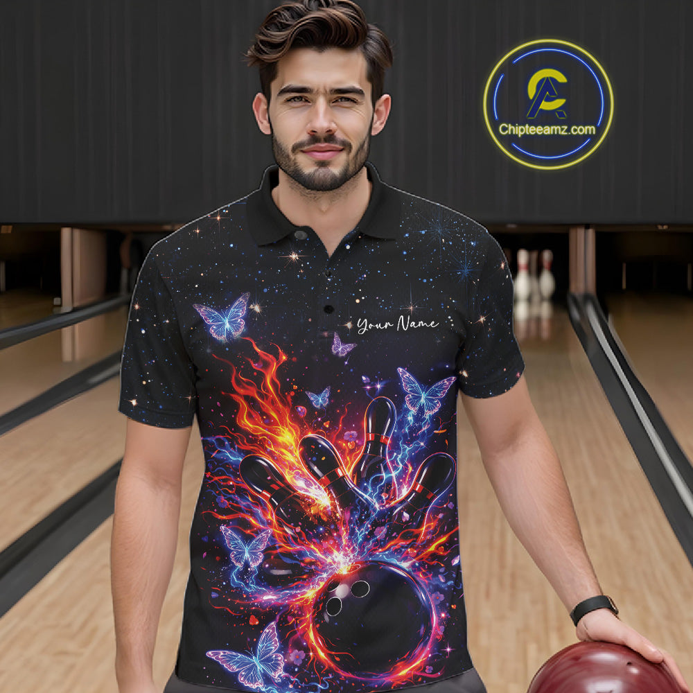 Male model wearing a black bowling polo shirt at the lane with a fiery bowling strike scene and glowing butterflies.