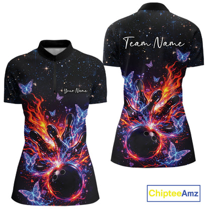 Front and back views of a black womens bowling quarter-zip shirt featuring flaming bowling ball artwork and glowing butterflies.