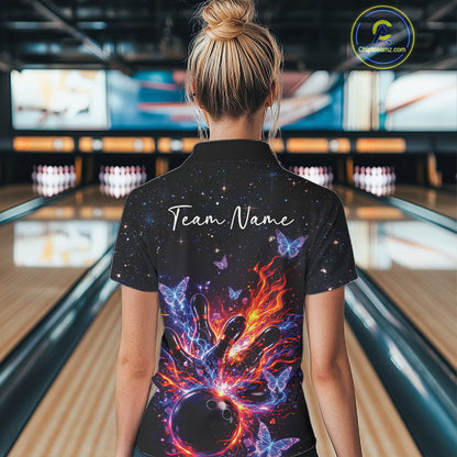Back view of a female model in a black bowling quarter-zip shirt showcasing glowing butterfly bowling artwork.
