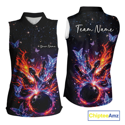 Front and back views of a black womens sleeveless bowling shirt displaying a flaming bowling ball striking pins with glowing butterflies.