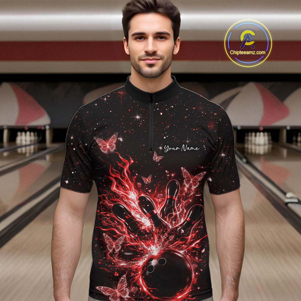 Male model wearing a black and red bowling quarter-zip shirt at the bowling lane with cosmic strike artwork.