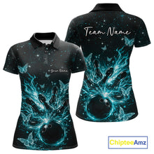 Load image into Gallery viewer, Front and back views of a black and turquoise blue womens bowling polo shirt featuring a flaming bowling ball, pins, and glowing butterflies.
