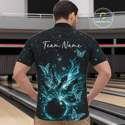 Front view of a male model wearing a black and turquoise blue quarter-zip shirt with cosmic bowling motifs.