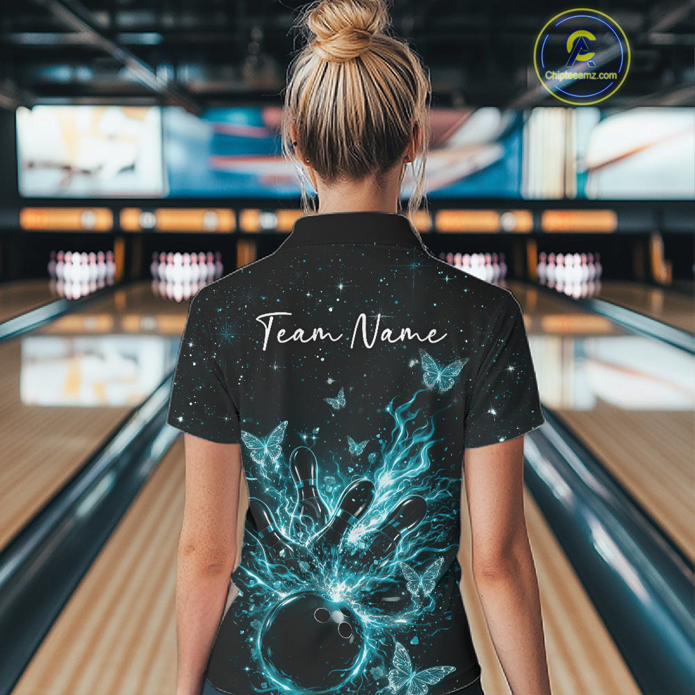Back view of a female model in a black and turquoise blue quarter-zip shirt featuring cosmic bowling graphics.