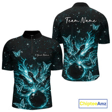 Load image into Gallery viewer, Front and back views of a black and turquoise blue mens bowling quarter-zip shirt with cosmic flaming bowling artwork.