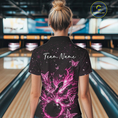 Back view of a female model wearing a black and pink bowling quarter-zip shirt with cosmic bowling graphics.