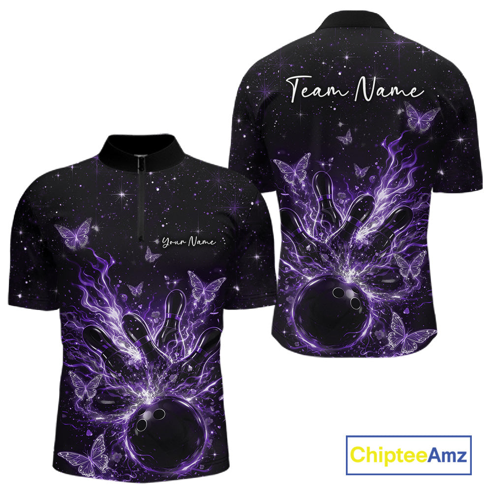 Front and back views of a black and purple mens bowling quarter-zip shirt featuring flaming bowling ball, glowing butterflies, and cosmic background.
