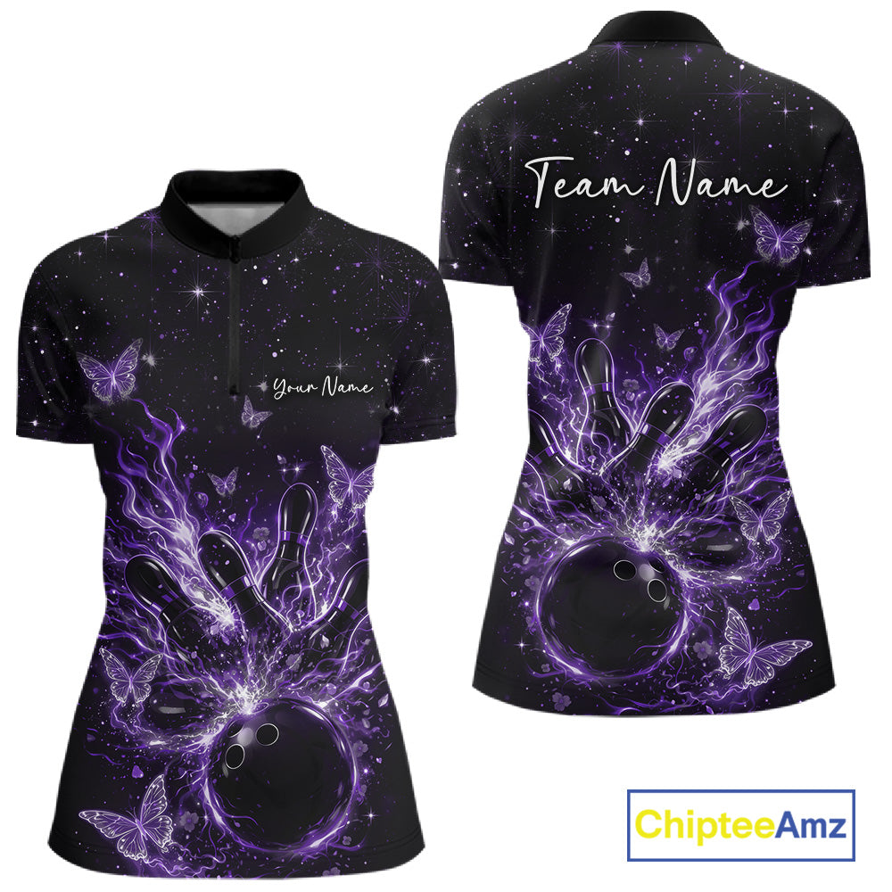 Front and back views of a black and purple womens bowling quarter-zip shirt with flaming bowling ball, glowing butterflies, and cosmic background.