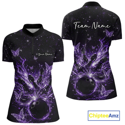 Front and back views of a black and purple womens bowling quarter-zip shirt with flaming bowling ball, glowing butterflies, and cosmic background.
