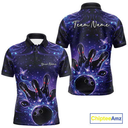 Front and back views of a blue and purple mens bowling polo shirt decorated with glowing butterflies, pins, and a bowling ball.