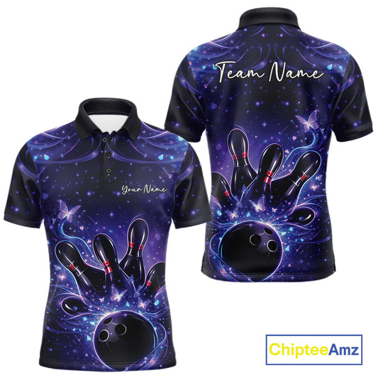 Front and back views of a blue and purple mens bowling polo shirt decorated with glowing butterflies, pins, and a bowling ball.