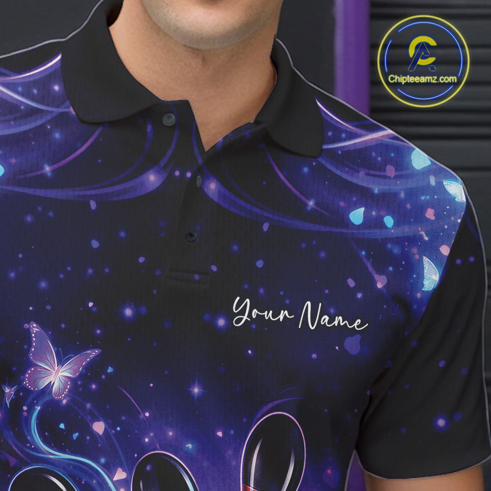 Left chest close-up of a blue and purple bowling polo shirt with glowing butterfly and bowling pin artwork.