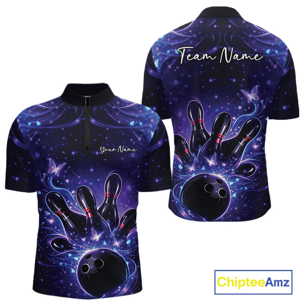 Front and back views of a blue and purple mens bowling quarter-zip shirt with bowling ball, pins, and glowing butterflies.